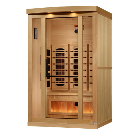 Golden Designs 2025 Reserve Edition full spectrum infrared sauna with a 2 person capacity and built in Himalayan salt bar