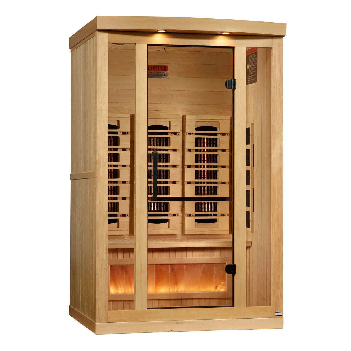 Golden Designs 2025 Reserve Edition full spectrum infrared sauna with a 2 person capacity and built in Himalayan salt bar