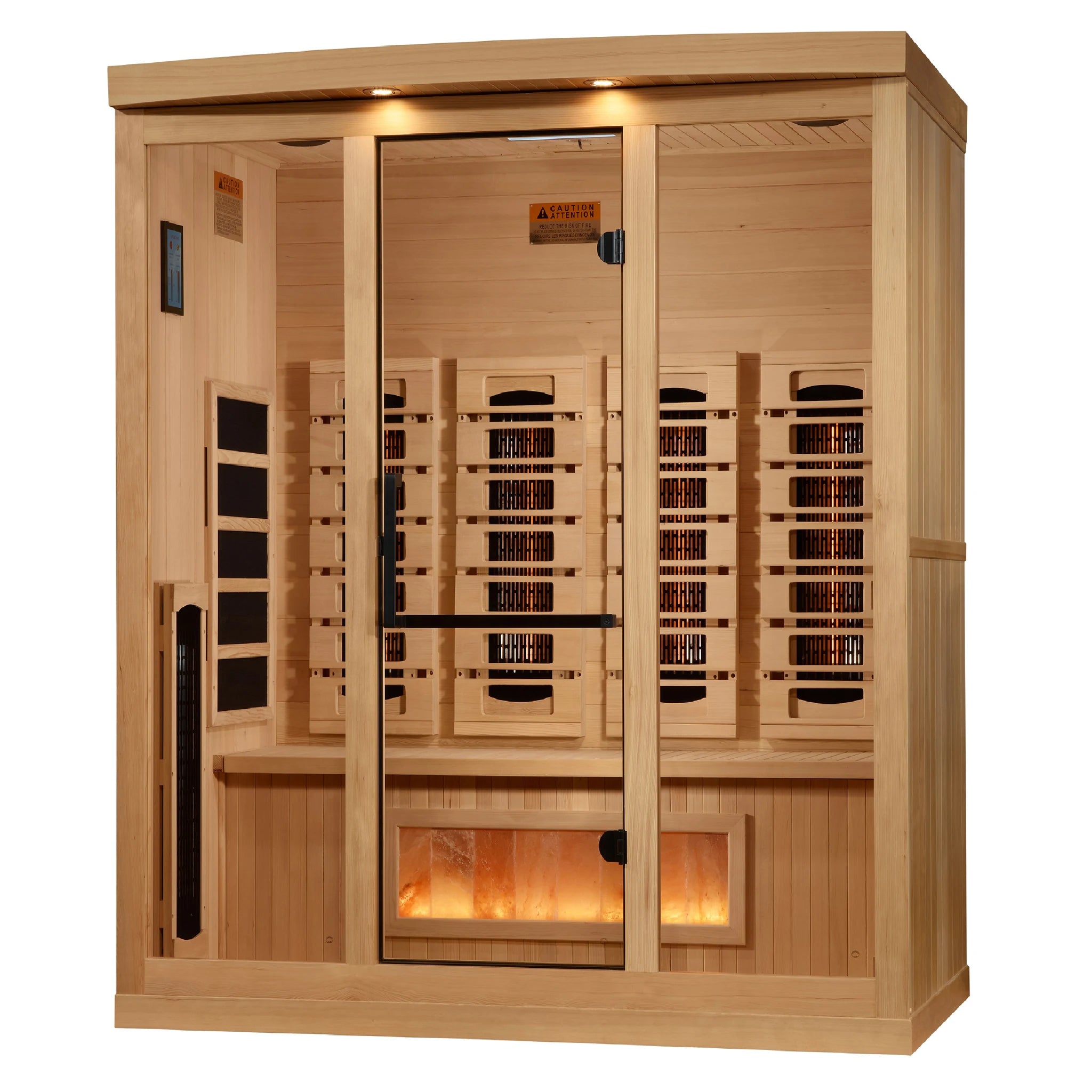 Golden Designs 2025 Reserve Edition full spectrum infrared corner model sauna with a 4 person capacity and built in Himalayan salt bar