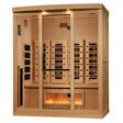 Golden Designs 2025 Reserve Edition full spectrum infrared corner model sauna with a 4 person capacity and built in Himalayan salt bar