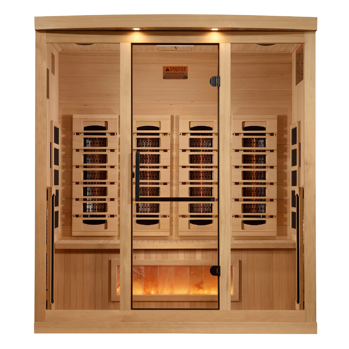 Golden Designs 2025 Reserve Edition full spectrum infrared corner model sauna with a 4 person capacity and built in Himalayan salt bar