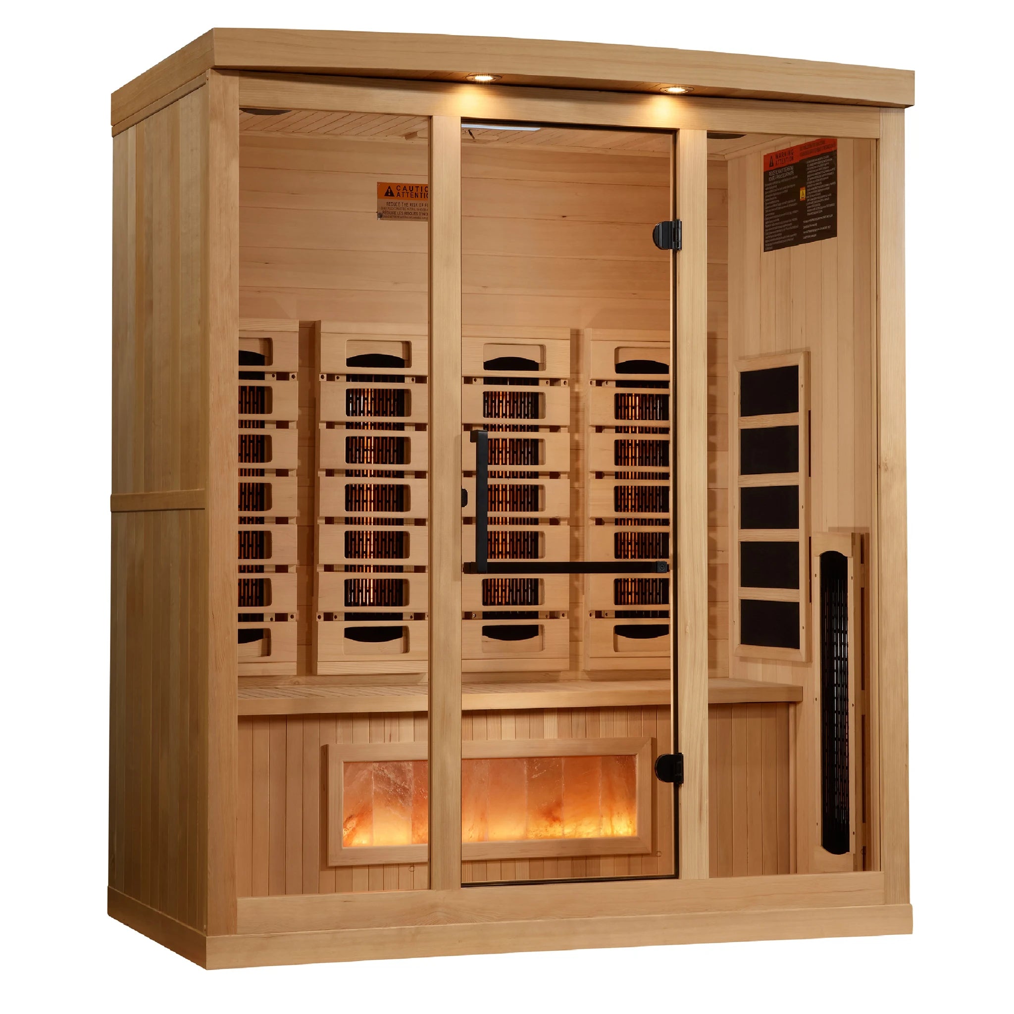 Golden Designs 2025 Reserve Edition full spectrum infrared corner model sauna with a 4 person capacity and built in Himalayan salt bar