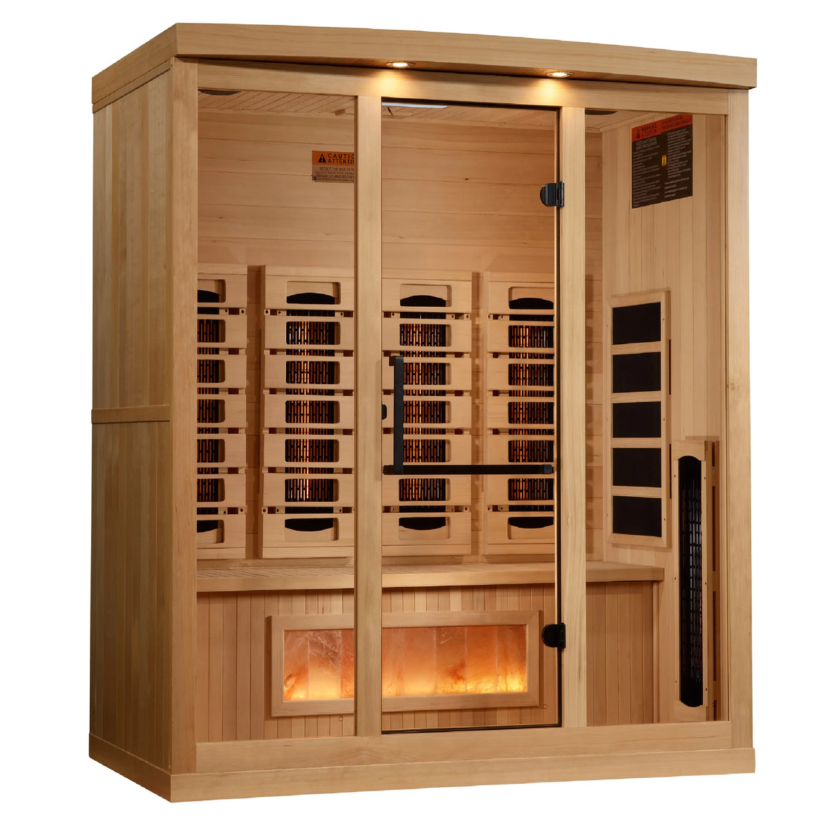 Golden Designs 2025 Reserve Edition full spectrum infrared corner model sauna with a 4 person capacity and built in Himalayan salt bar