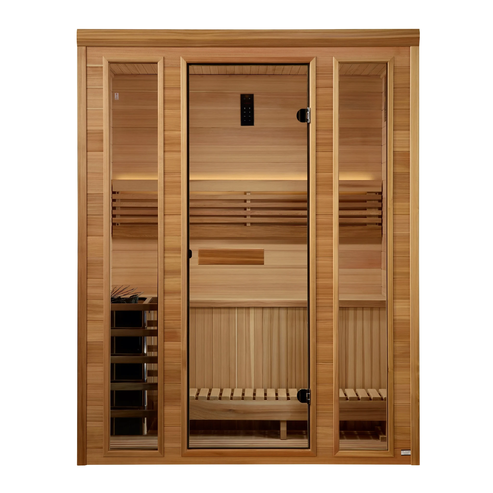 Golden Designs Andermatt model sauna with a 3 person capacity constructed from Pacific cedar wood inside and out