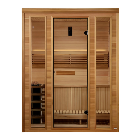 Golden Designs Andermatt model sauna with a 3 person capacity constructed from Pacific cedar wood inside and out