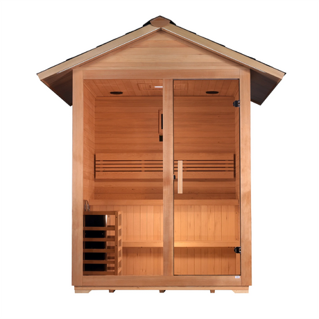 Golden Designs Canadian hemlock Arlberg model sauna which fits 3 people has a built in Harvia stove and touchscreen control panel