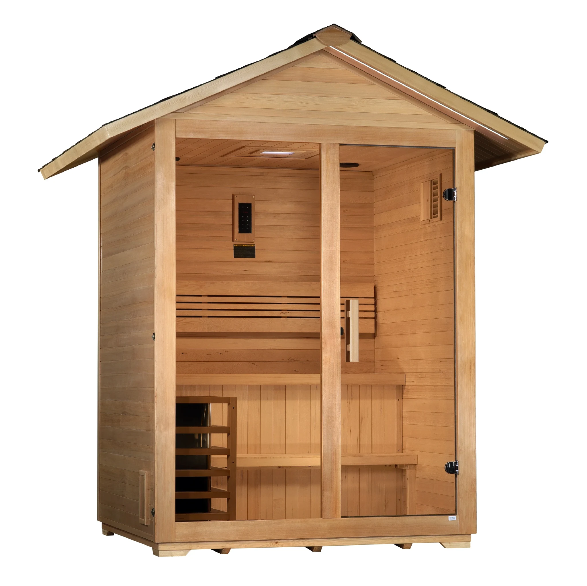 Golden Designs Canadian hemlock Arlberg model sauna which fits 3 people has a built in Harvia stove and touchscreen control panel