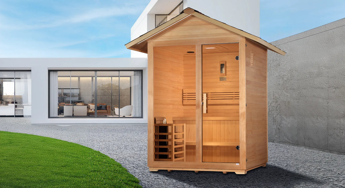 Golden Designs Canadian hemlock Arlberg model sauna which fits 3 people has a built in Harvia stove and touchscreen control panel