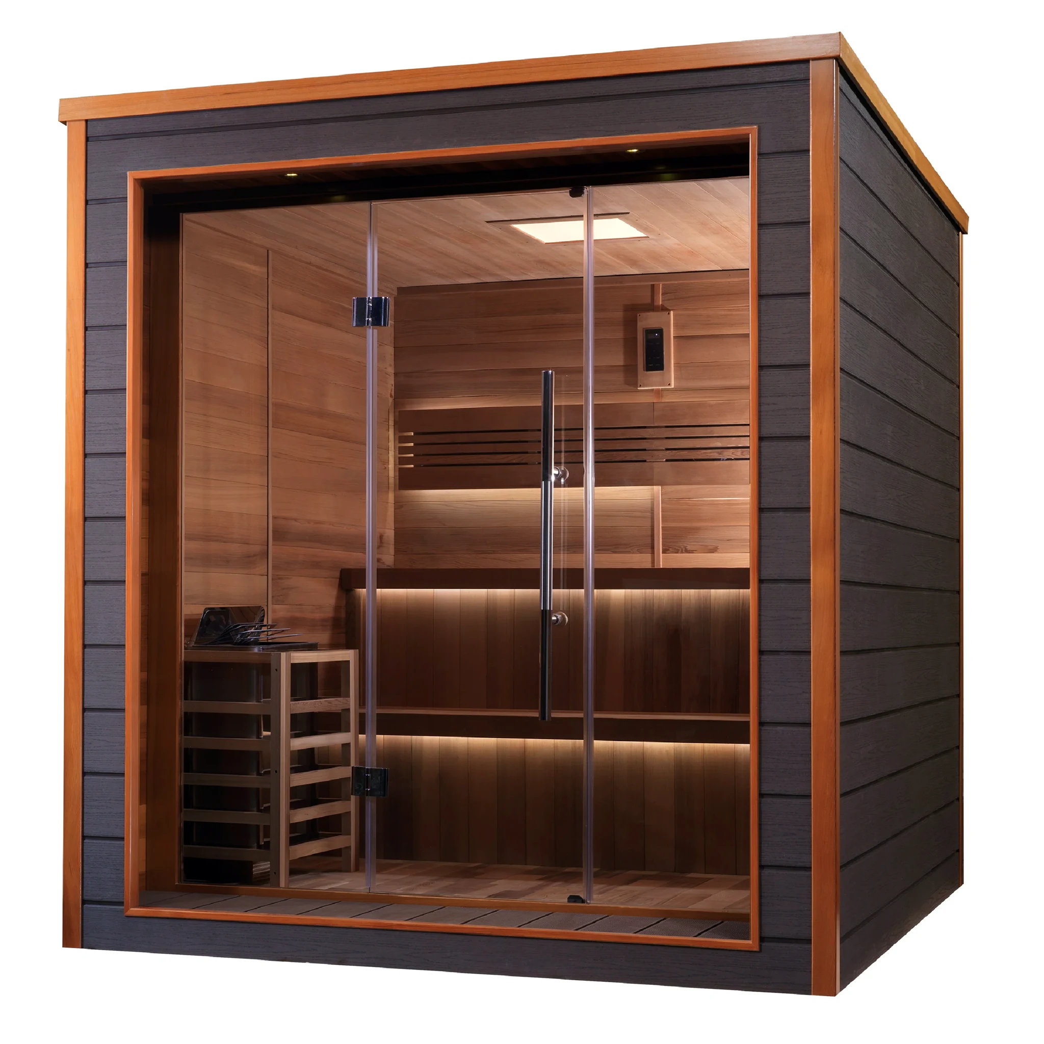 Bergen model sauna with a 6 person capacity made from Canadian red cedar on the interior and dark all weather composite on the exterior built to withstand harsh outdoor weather
