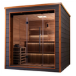 Bergen model sauna with a 6 person capacity made from Canadian red cedar on the interior and dark all weather composite on the exterior built to withstand harsh outdoor weather