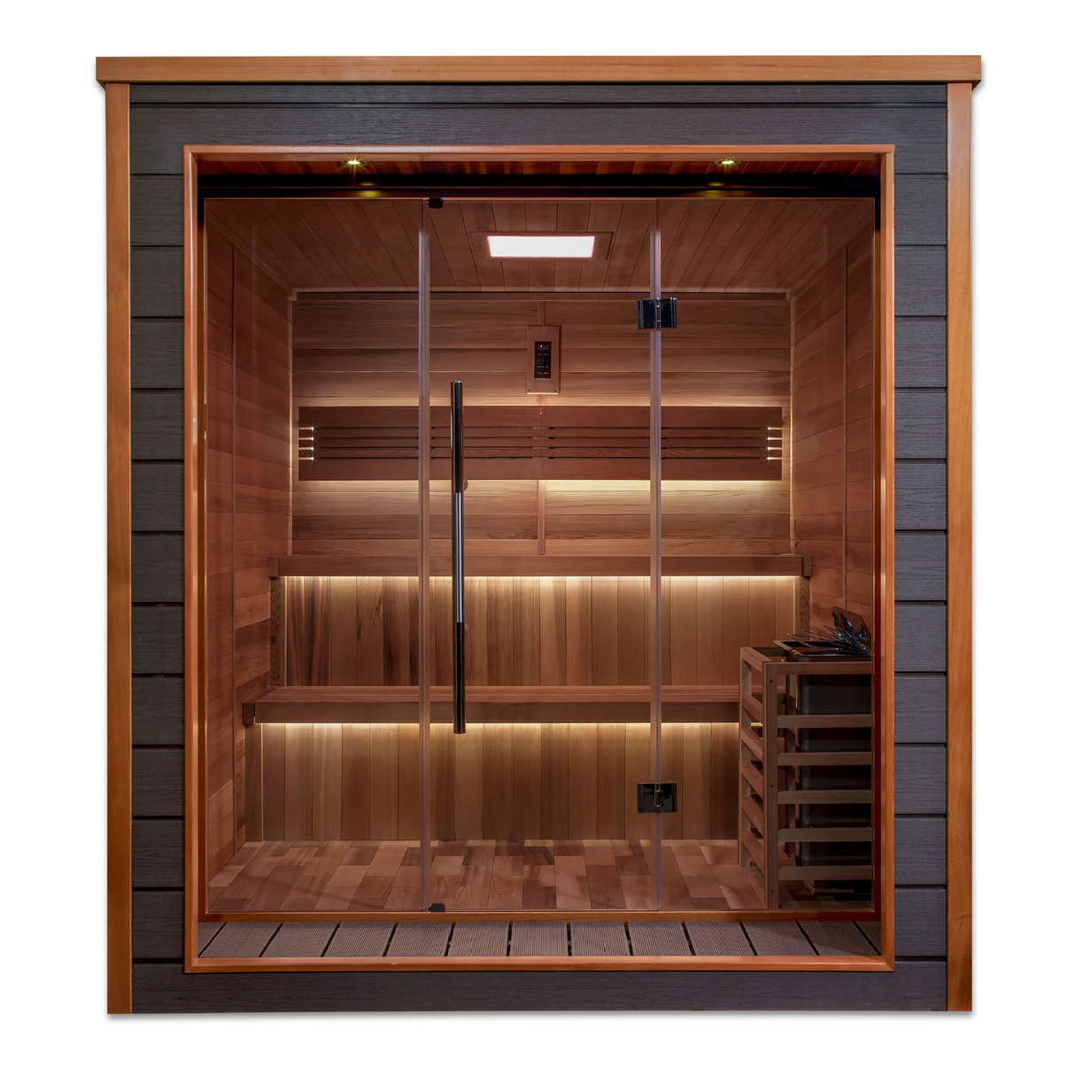 Bergen model sauna with a 6 person capacity made from Canadian red cedar on the interior and dark all weather composite on the exterior built to withstand harsh outdoor weather