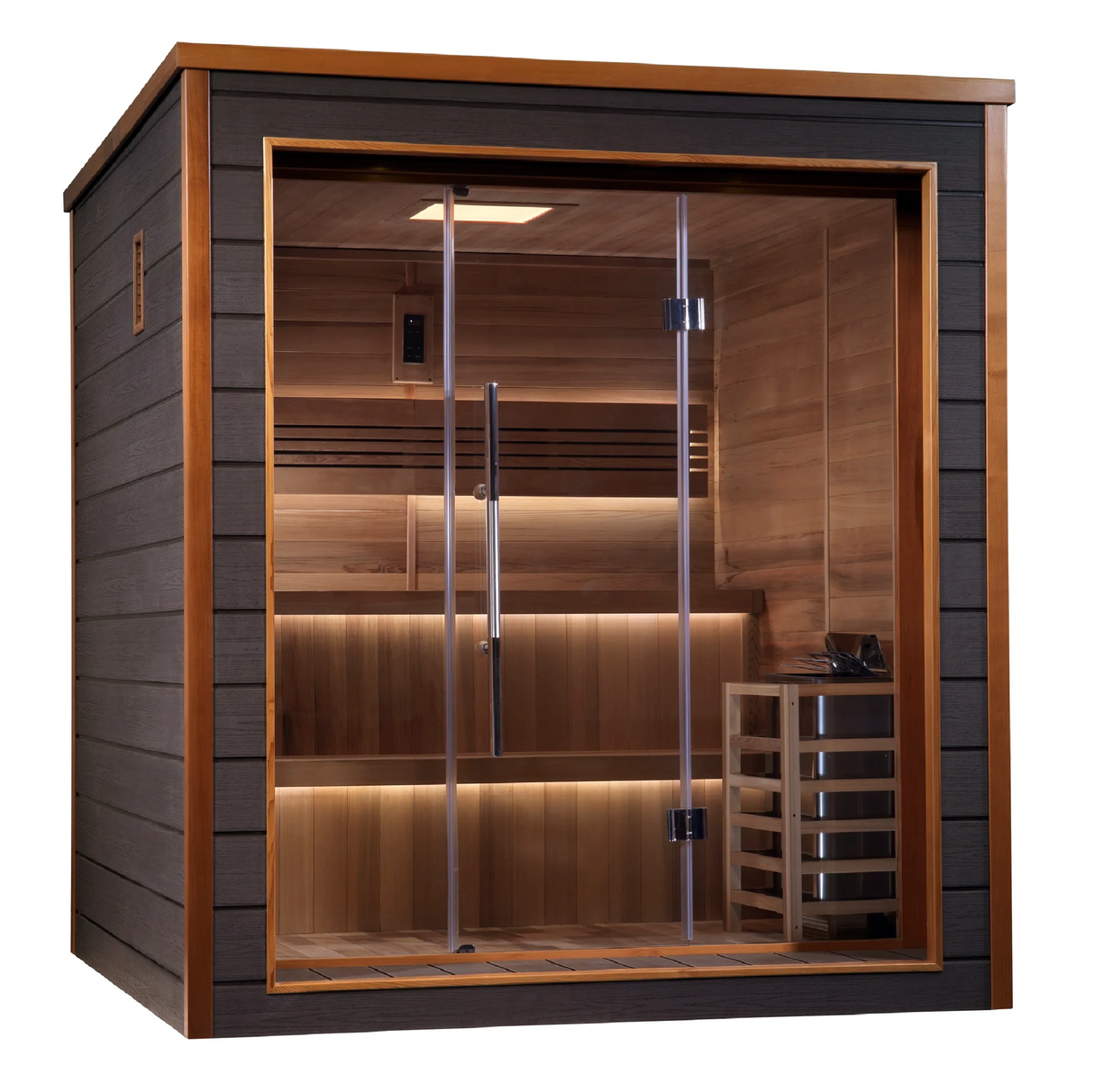 Bergen model sauna with a 6 person capacity made from Canadian red cedar on the interior and dark all weather composite on the exterior built to withstand harsh outdoor weather