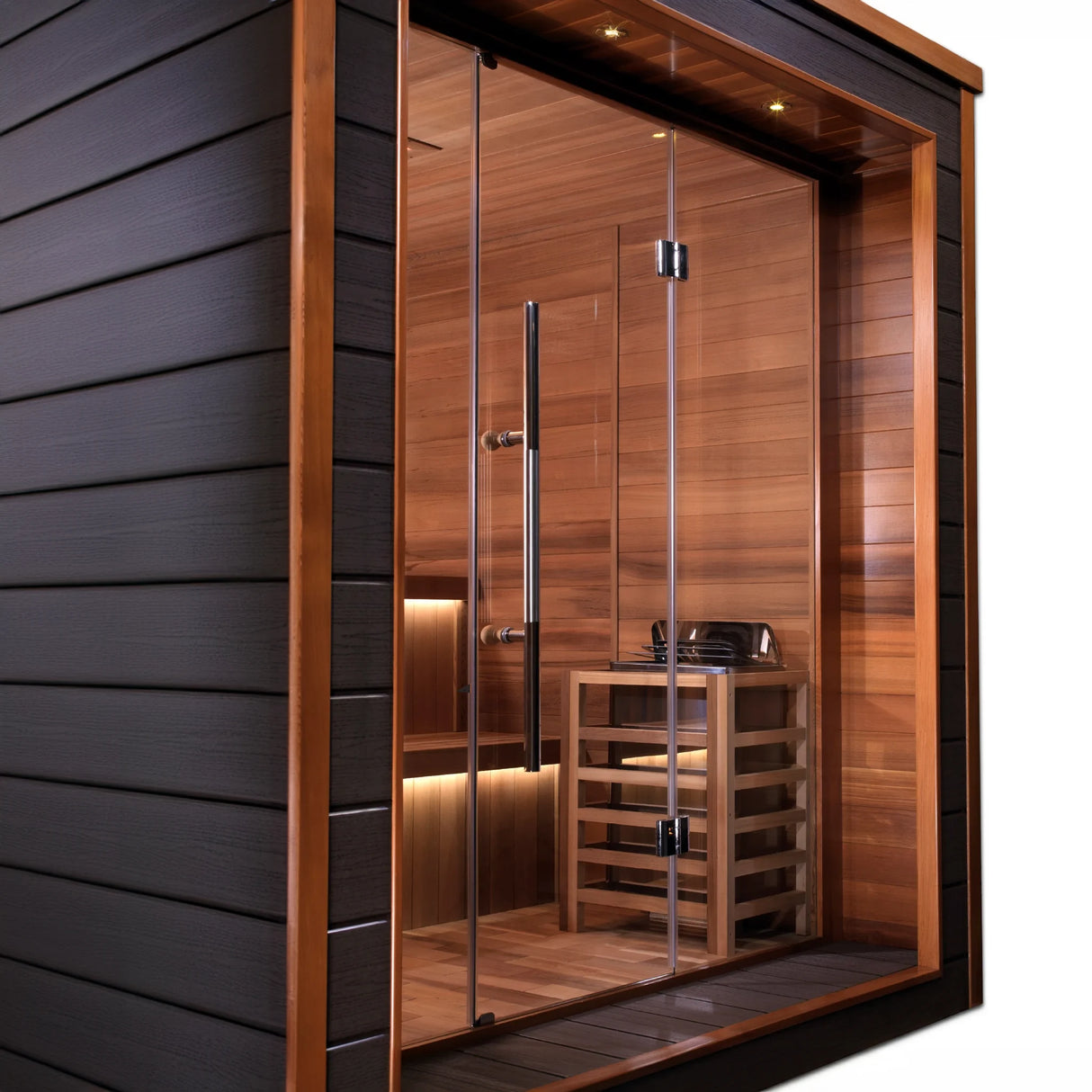 Bergen model sauna with a 6 person capacity made from Canadian red cedar on the interior and dark all weather composite on the exterior built to withstand harsh outdoor weather