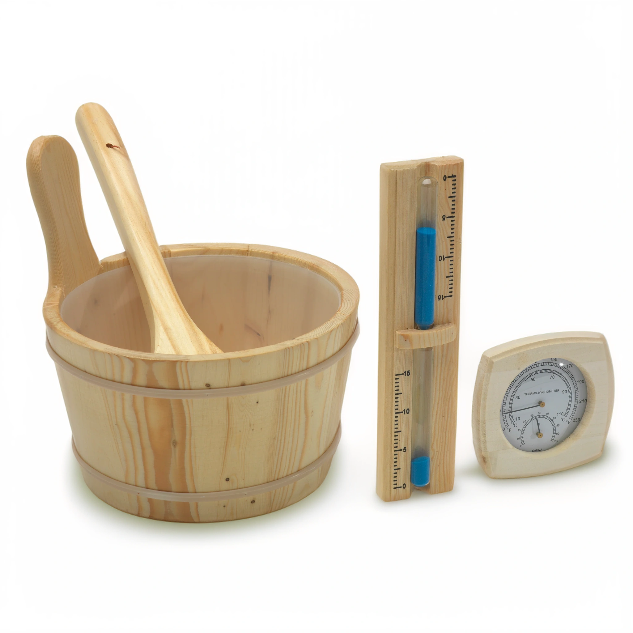 A wooden bucket and scoop, thermometer, and timer found inside a sauna sold by Blue Sky Fitness Supply