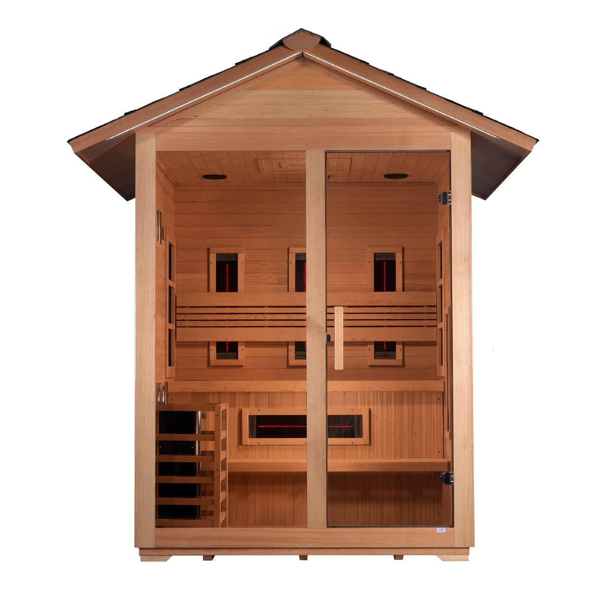 Golden Designs Carinthia model hybrid full spectrum infrared traditional steam sauna built for outdoor use with a 3 person capacity and a gabled roof which is constructed from Canadian hemlock wood