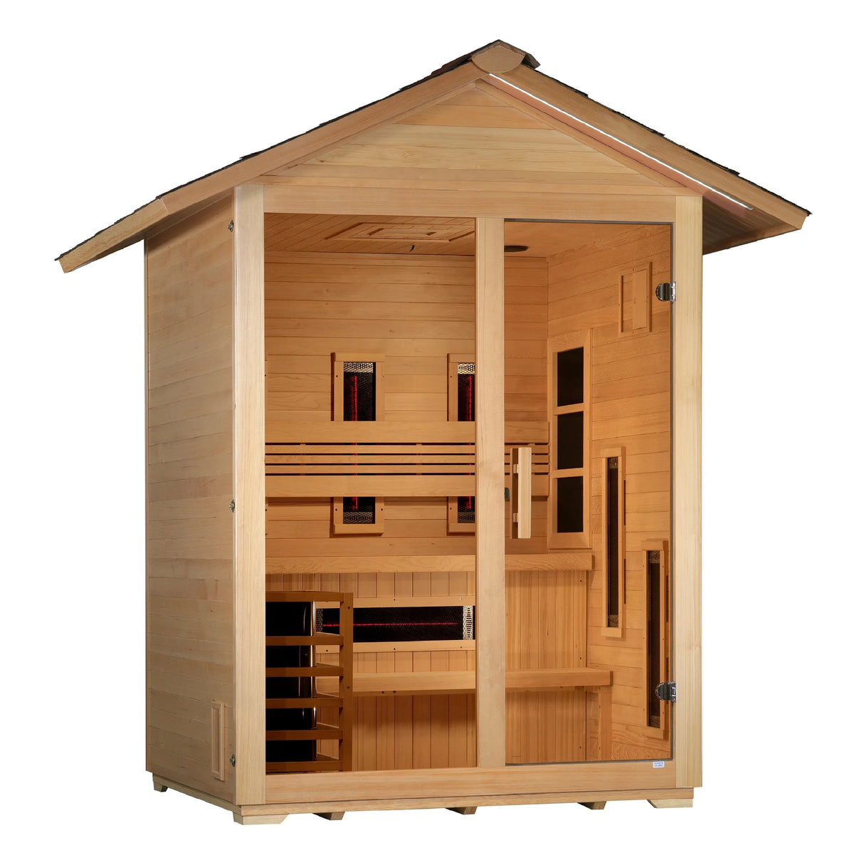 Golden Designs Carinthia model hybrid full spectrum infrared traditional steam sauna built for outdoor use with a 3 person capacity and a gabled roof which is constructed from Canadian hemlock wood