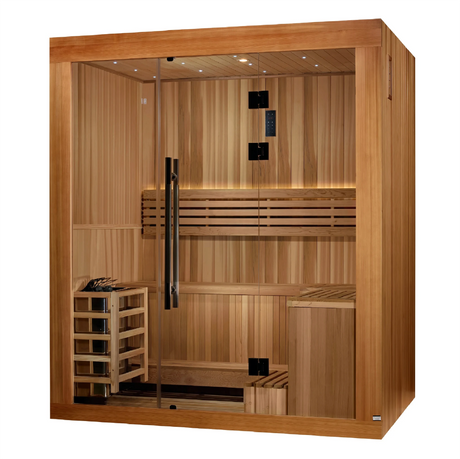 Golden Designs Copenhagen model traditional steam sauna built for indoor or outdoor covered use constructed from Canadian red cedar on the interior and pacific cedar on the exterior with a three person capacity