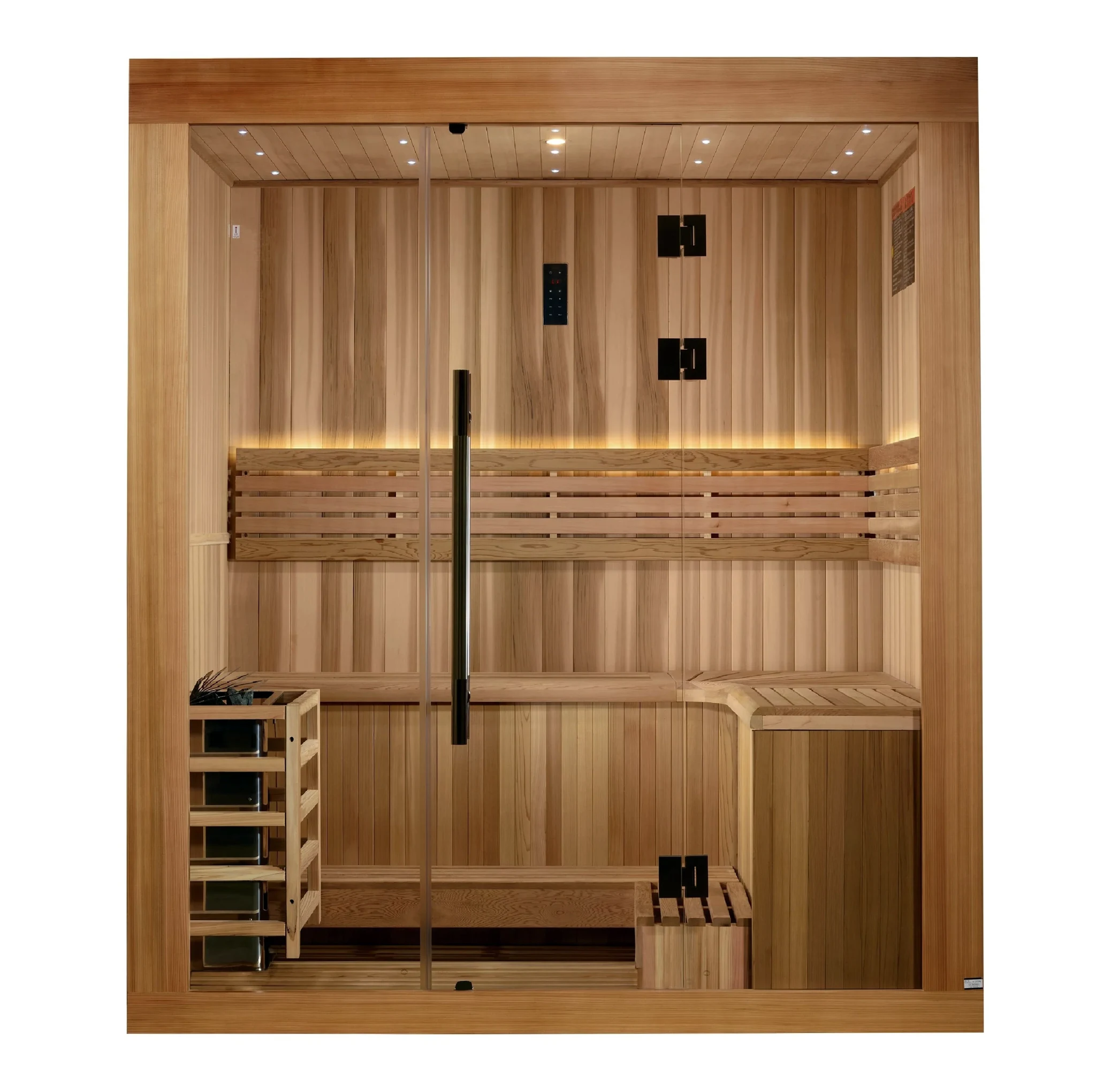 Golden Designs Copenhagen model traditional steam sauna built for indoor or outdoor covered use constructed from Canadian red cedar on the interior and pacific cedar on the exterior with a three person capacity