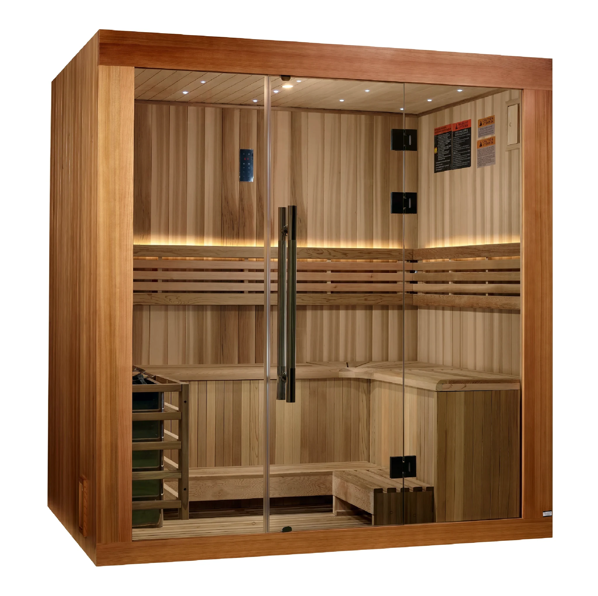 Golden Designs Copenhagen model traditional steam sauna built for indoor or outdoor covered use constructed from Canadian red cedar on the interior and pacific cedar on the exterior with a three person capacity