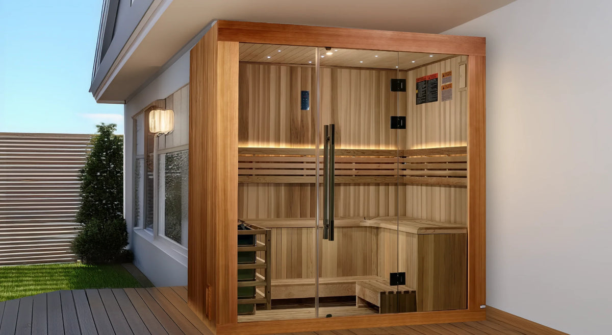 Golden Designs Copenhagen model traditional steam sauna built for indoor or outdoor covered use constructed from Canadian red cedar on the interior and pacific cedar on the exterior with a three person capacity