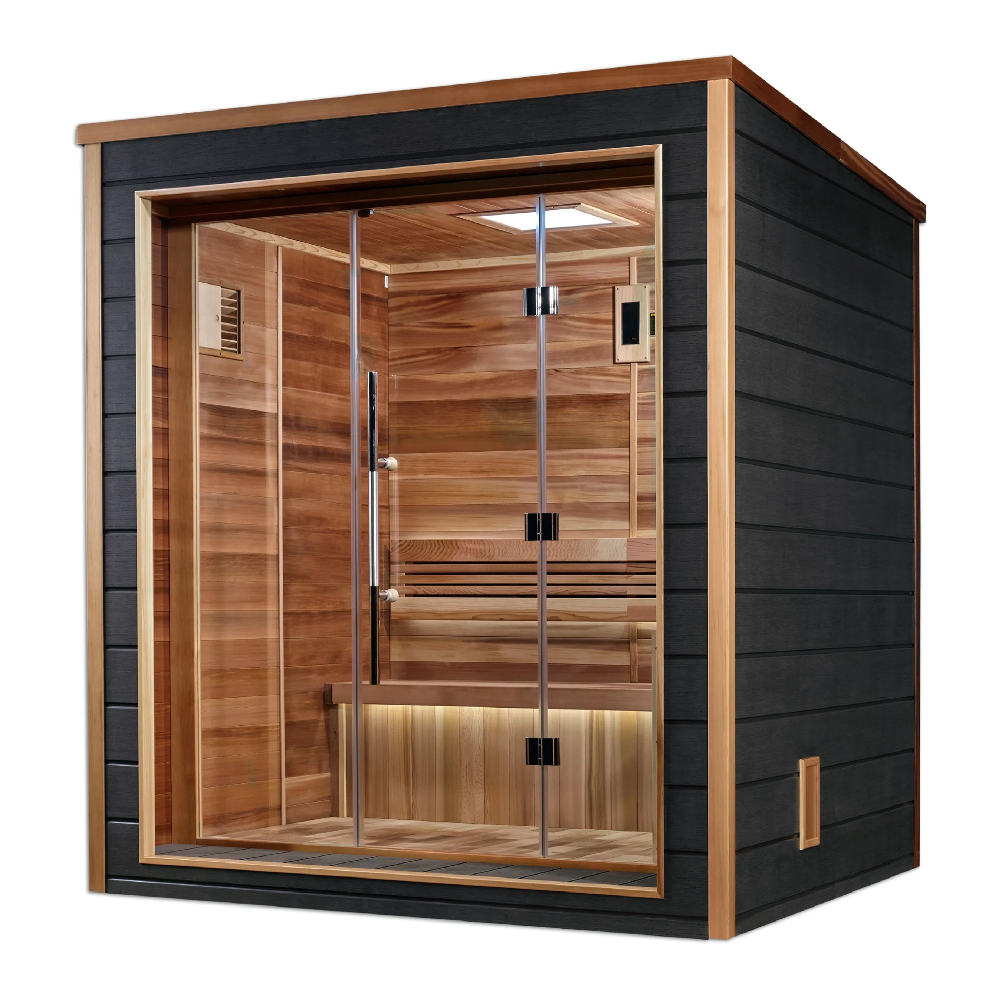 Drammen model sauna with a 3 person capacity made from Canadian red cedar on the interior and dark all weather composite on the exterior built for outdoor use