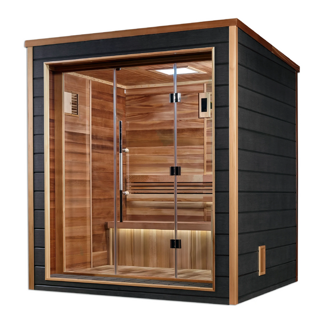 Drammen model sauna with a 3 person capacity made from Canadian red cedar on the interior and dark all weather composite on the exterior built for outdoor use