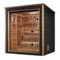 Drammen model sauna with a 3 person capacity made from Canadian red cedar on the interior and dark all weather composite on the exterior built for outdoor use