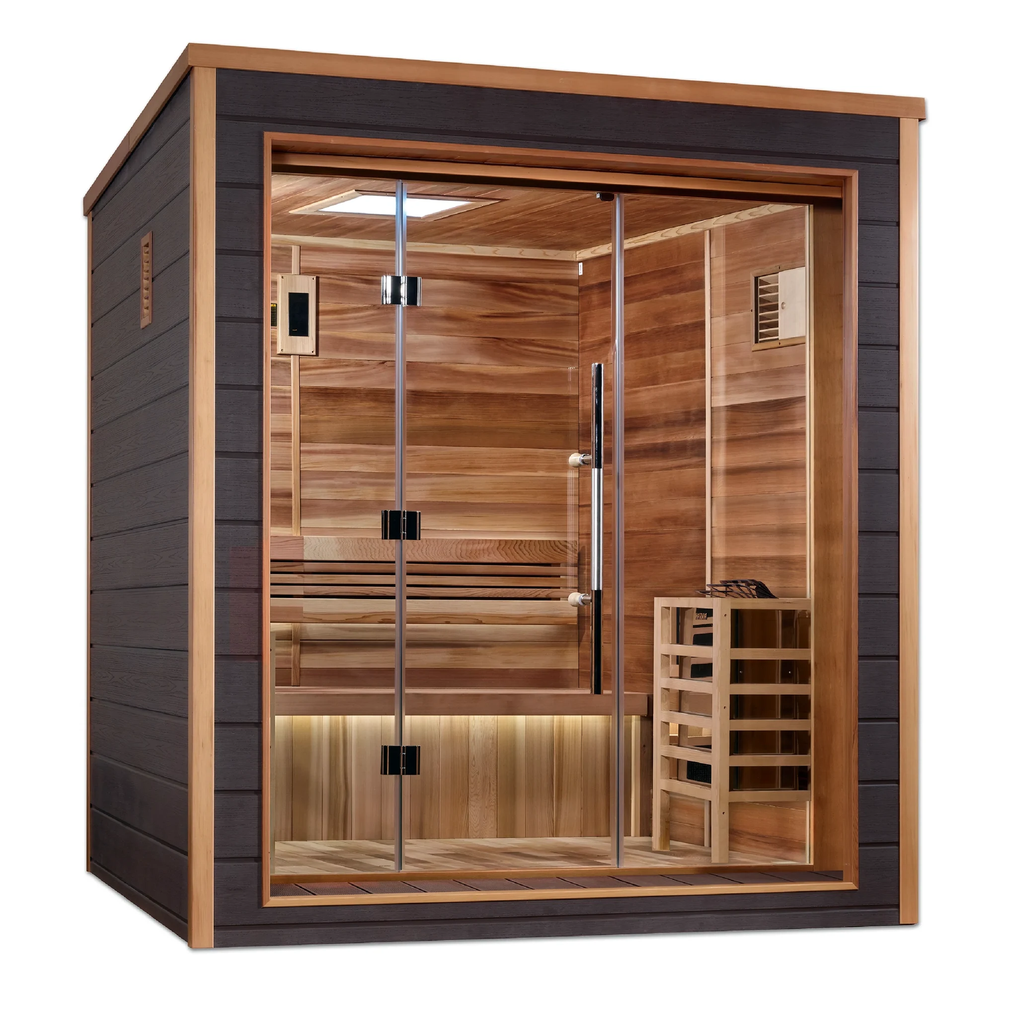 Drammen model sauna with a 3 person capacity made from Canadian red cedar on the interior and dark all weather composite on the exterior built for outdoor use