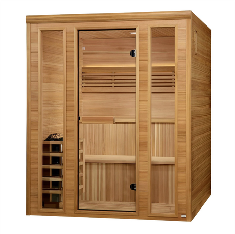 Golden Designs Engelberg model traditional steam sauna built for indoor or covered outdoor use constructed from pacific cedar on the inside and outside with a six person capacity