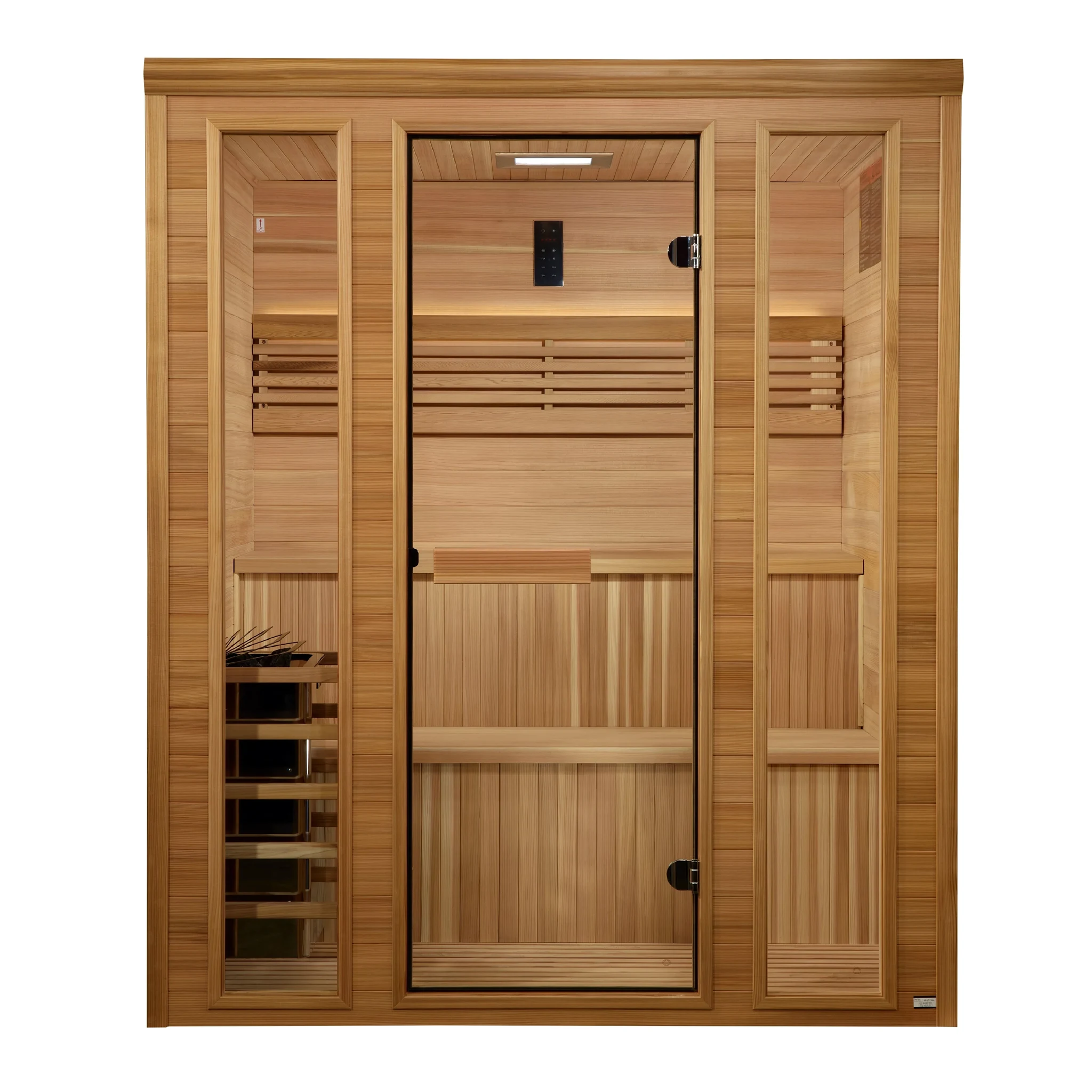 Golden Designs Engelberg model traditional steam sauna built for indoor or covered outdoor use constructed from pacific cedar on the inside and outside with a six person capacity