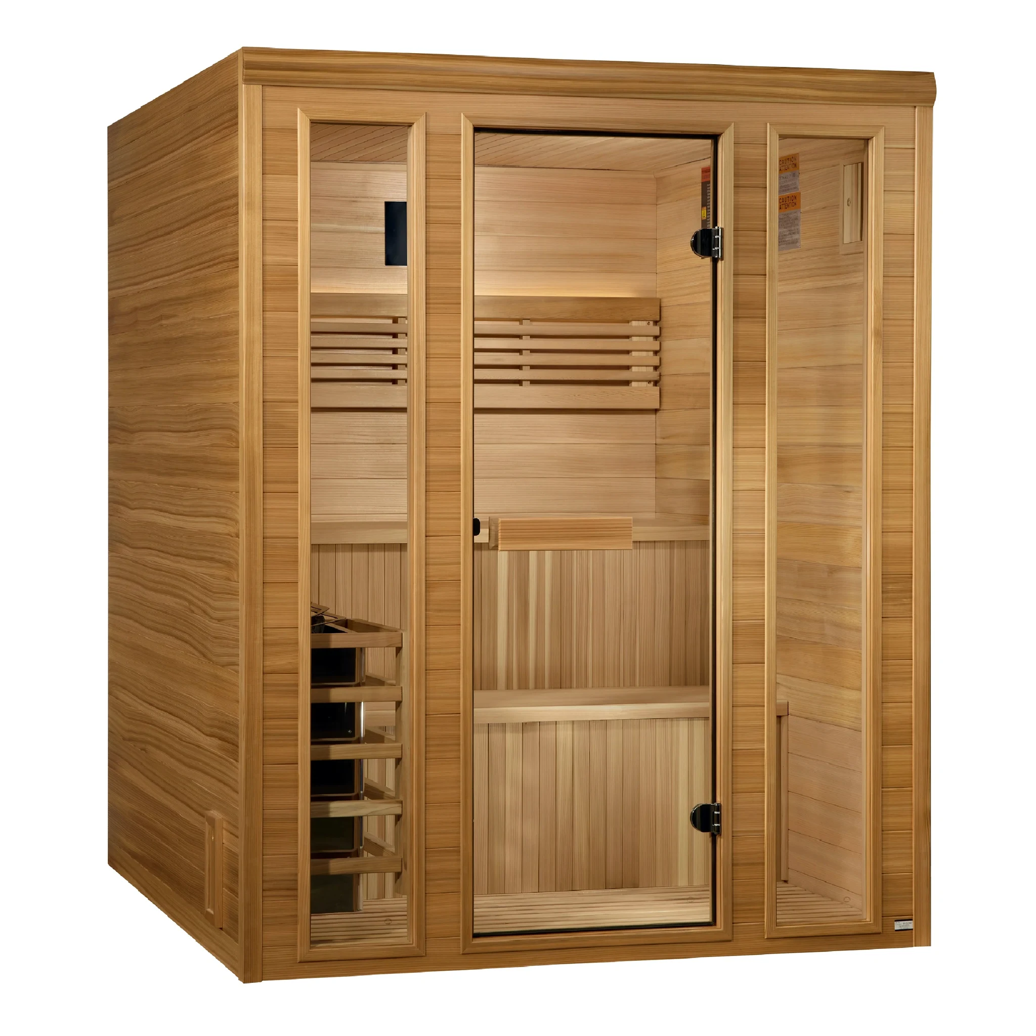 Golden Designs Engelberg model traditional steam sauna built for indoor or covered outdoor use constructed from pacific cedar on the inside and outside with a six person capacity
