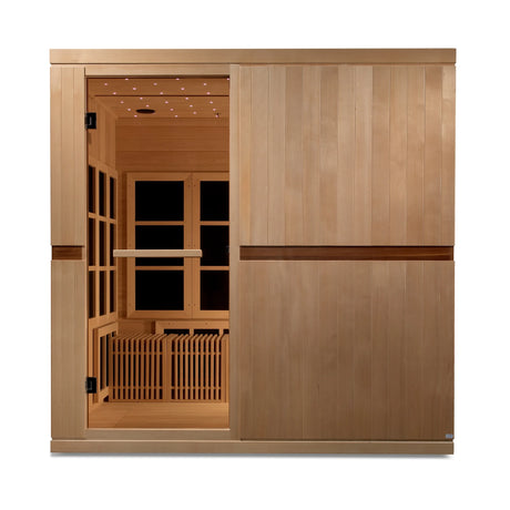 Golden Designs Catalonia model FAR infrared sauna with 23 heat panels and an 8 person capacity constructed from natural Canadian hemlock wood