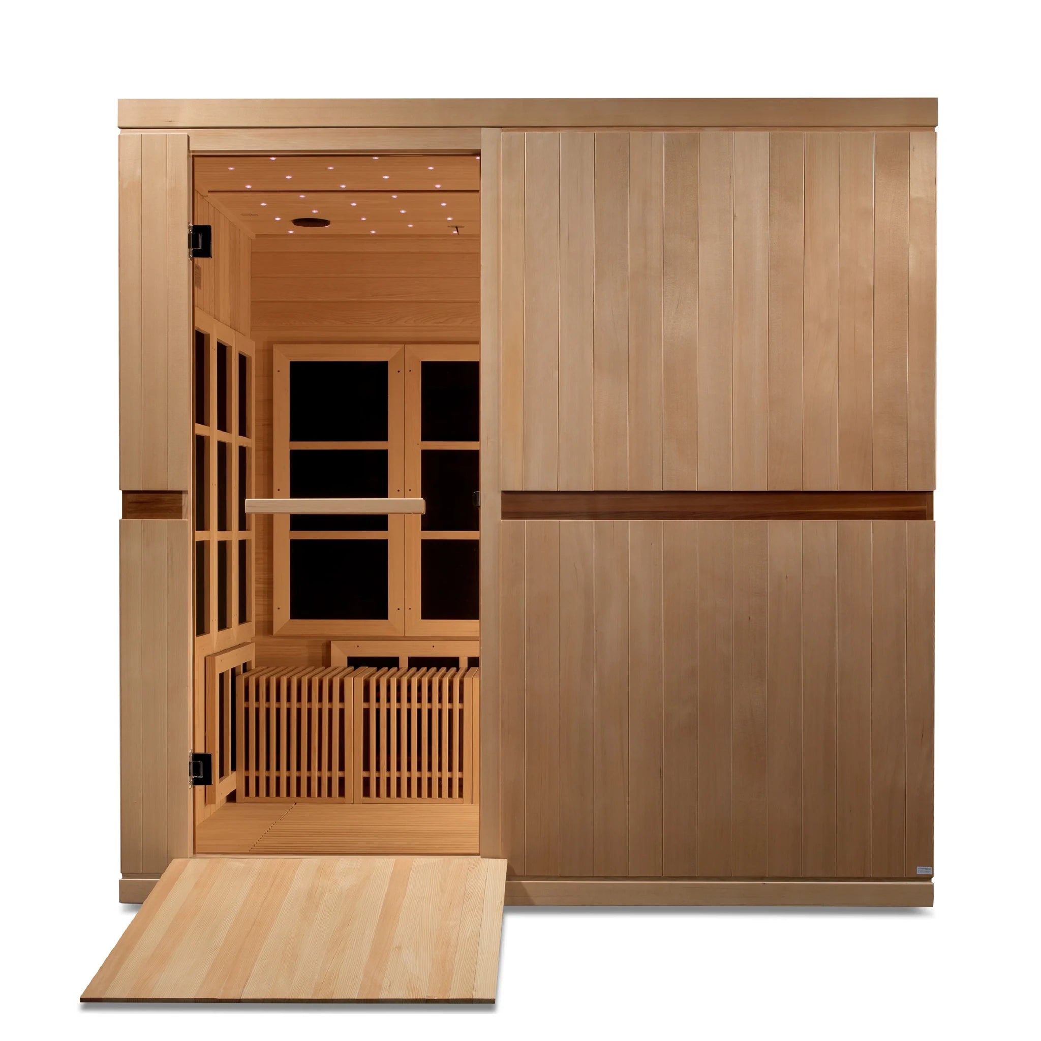 Golden Designs Catalonia model FAR infrared sauna with 23 heat panels and an 8 person capacity constructed from natural Canadian hemlock wood