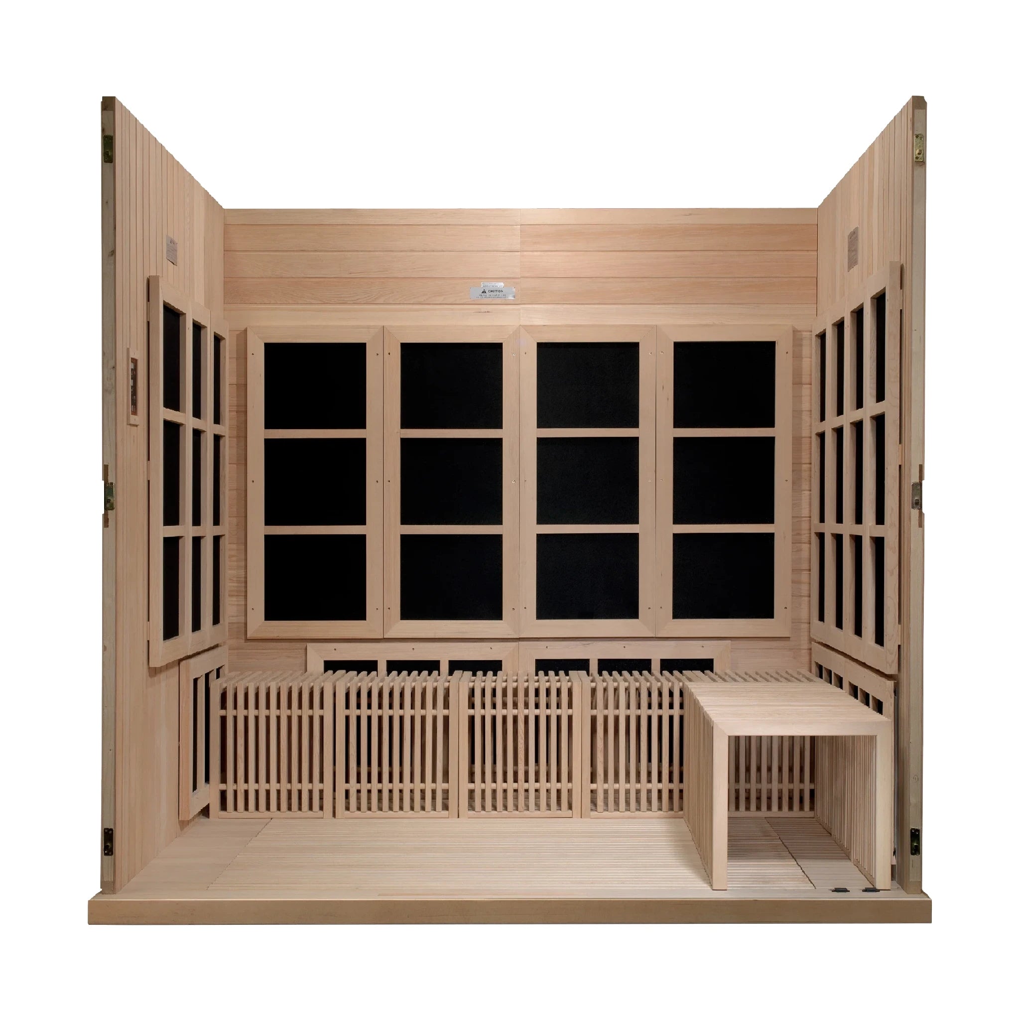 Golden Designs Catalonia model FAR infrared sauna with 23 heat panels and an 8 person capacity constructed from natural Canadian hemlock wood