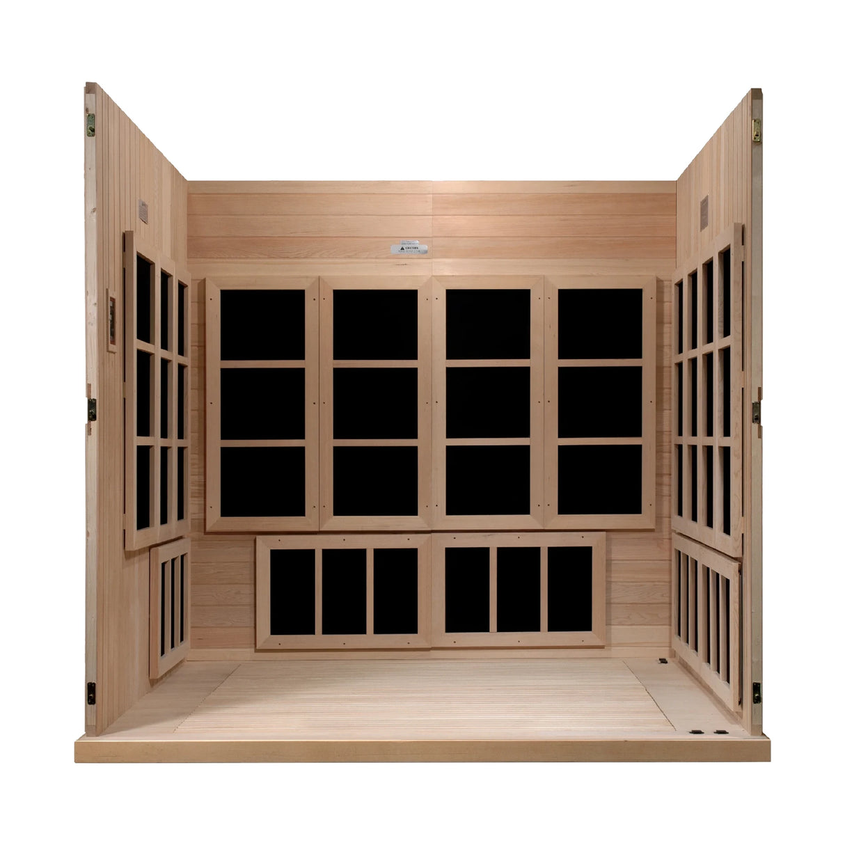 Golden Designs Catalonia model FAR infrared sauna with 23 heat panels and an 8 person capacity constructed from natural Canadian hemlock wood