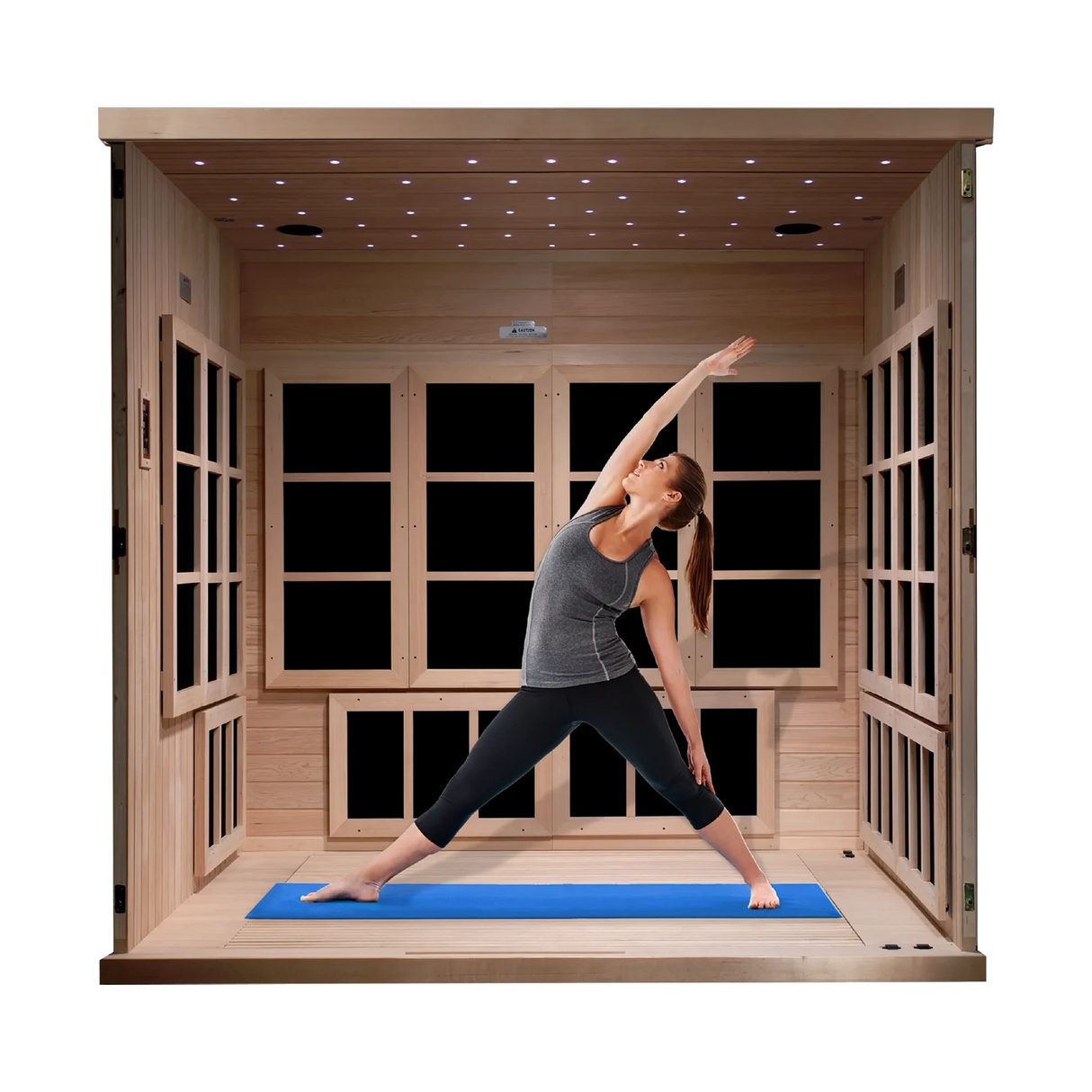 Golden Designs Catalonia model FAR infrared sauna with 23 heat panels and an 8 person capacity constructed from natural Canadian hemlock wood