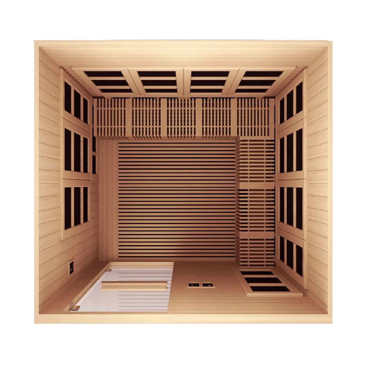 Golden Designs Catalonia model FAR infrared sauna with 23 heat panels and an 8 person capacity constructed from natural Canadian hemlock wood