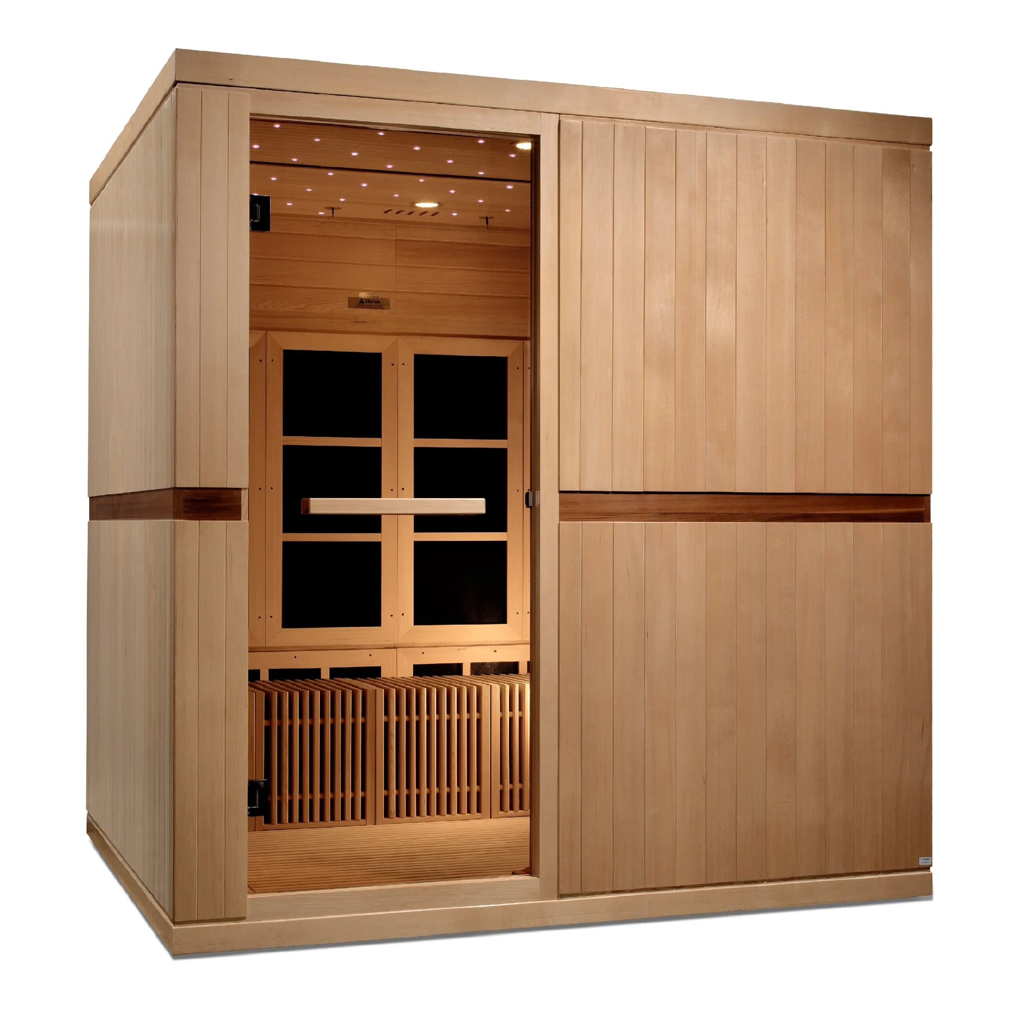 Golden Designs Catalonia model FAR infrared sauna with 23 heat panels and an 8 person capacity constructed from natural Canadian hemlock wood