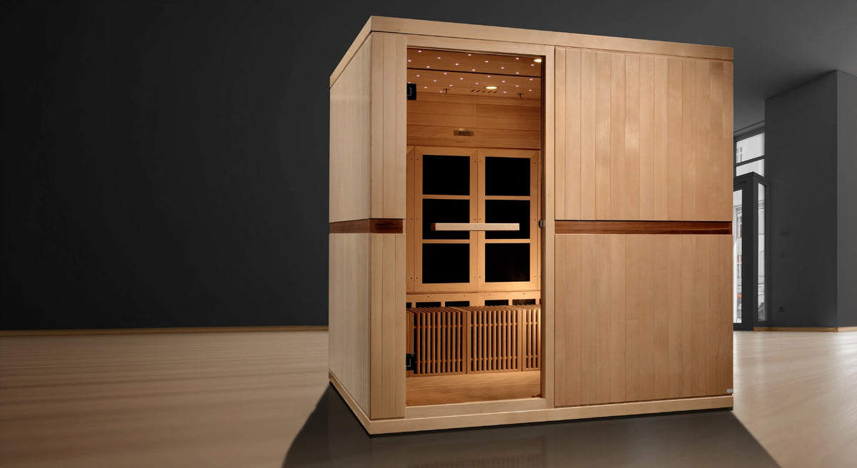 Golden Designs Catalonia model FAR infrared sauna with 23 heat panels and an 8 person capacity constructed from natural Canadian hemlock wood