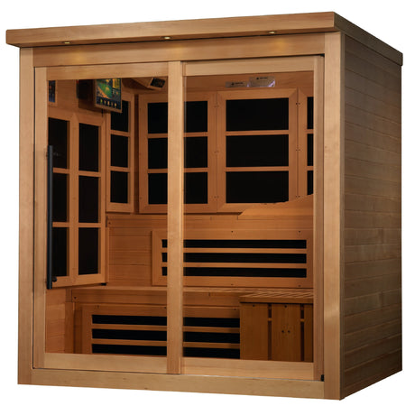 Golden Designs Monaco model FAR infrared sauna with a six person capacity constructed from Canadian hemlock wood
