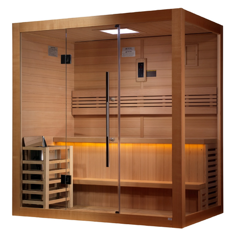 Golden Designs Forssa model traditional steam sauna built for indoor or covered outdoor use constructed from Canadian red cedar on the inside and Canadian hemlock on the outside with a four person capacity