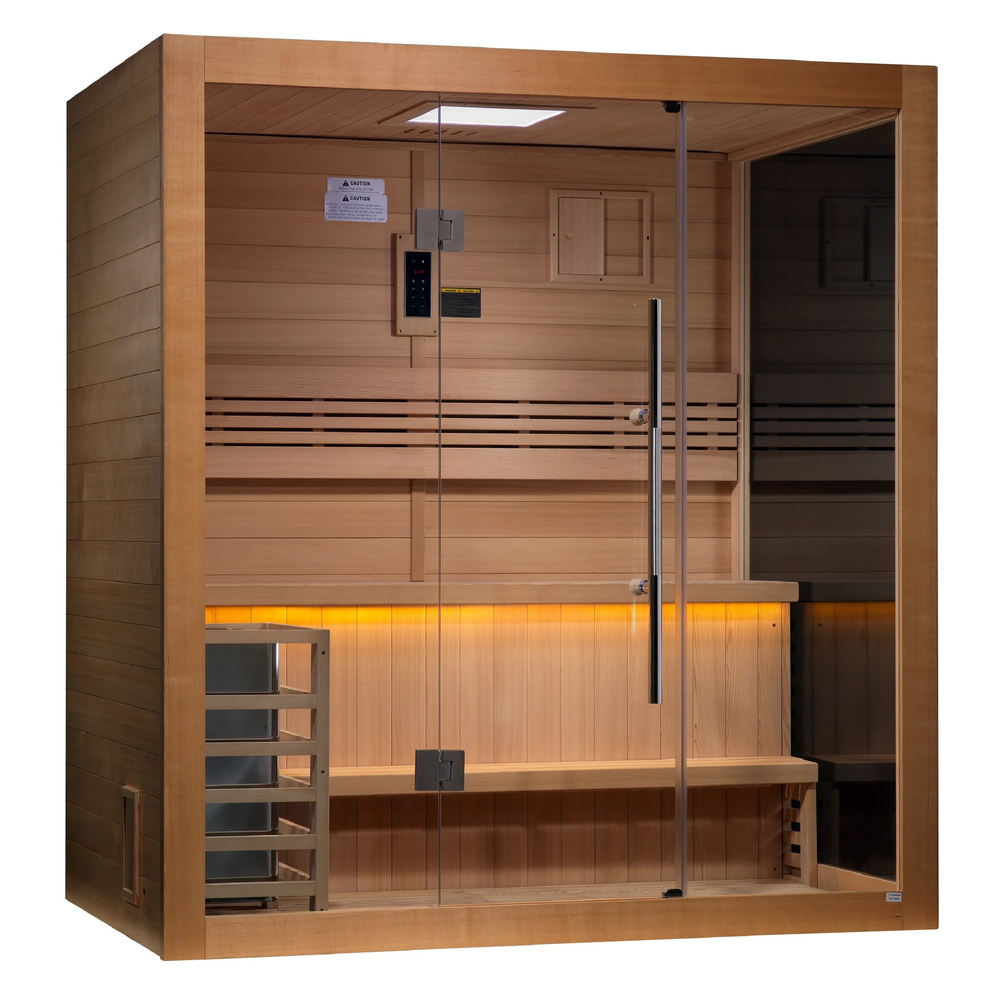 Golden Designs Forssa model traditional steam sauna built for indoor or covered outdoor use constructed from Canadian red cedar on the inside and Canadian hemlock on the outside with a four person capacity