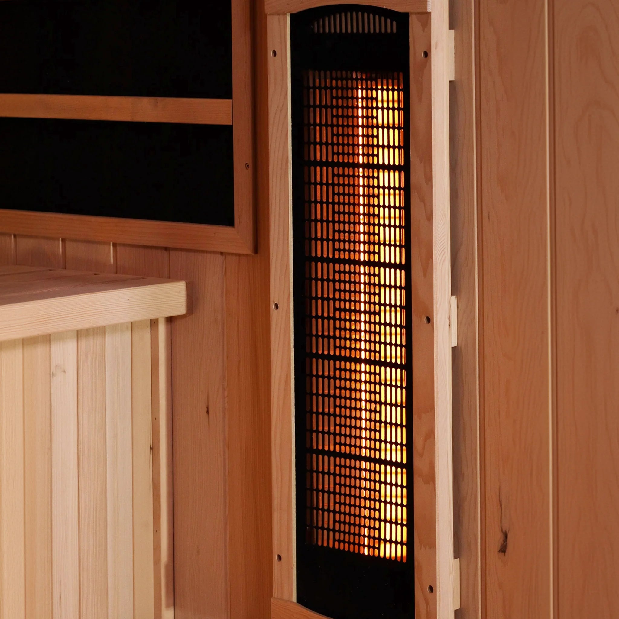 Heat panel inside the Golden Designs 2025 Reserve Edition full spectrum infrared corner model sauna with a 4 person capacity and built in himalayan salt bar
