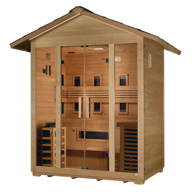 Golden Designs Gargellen model hybrid full spectrum infrared traditional steam sauna built for outdoor use with a 5 person capacity and a gabled roof which is constructed from Canadian hemlock wood
