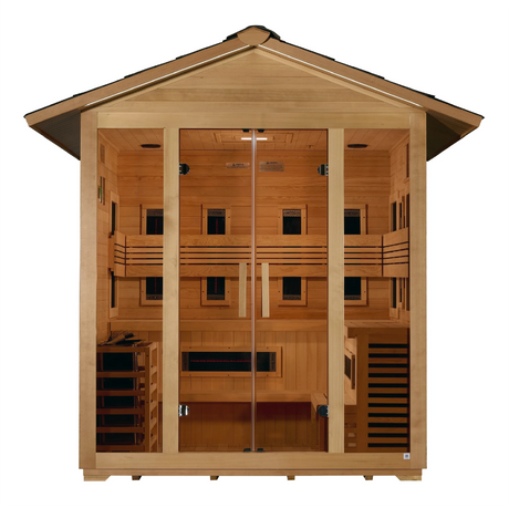Golden Designs Gargellen model hybrid full spectrum infrared traditional steam sauna built for outdoor use with a 5 person capacity and a gabled roof which is constructed from Canadian hemlock wood