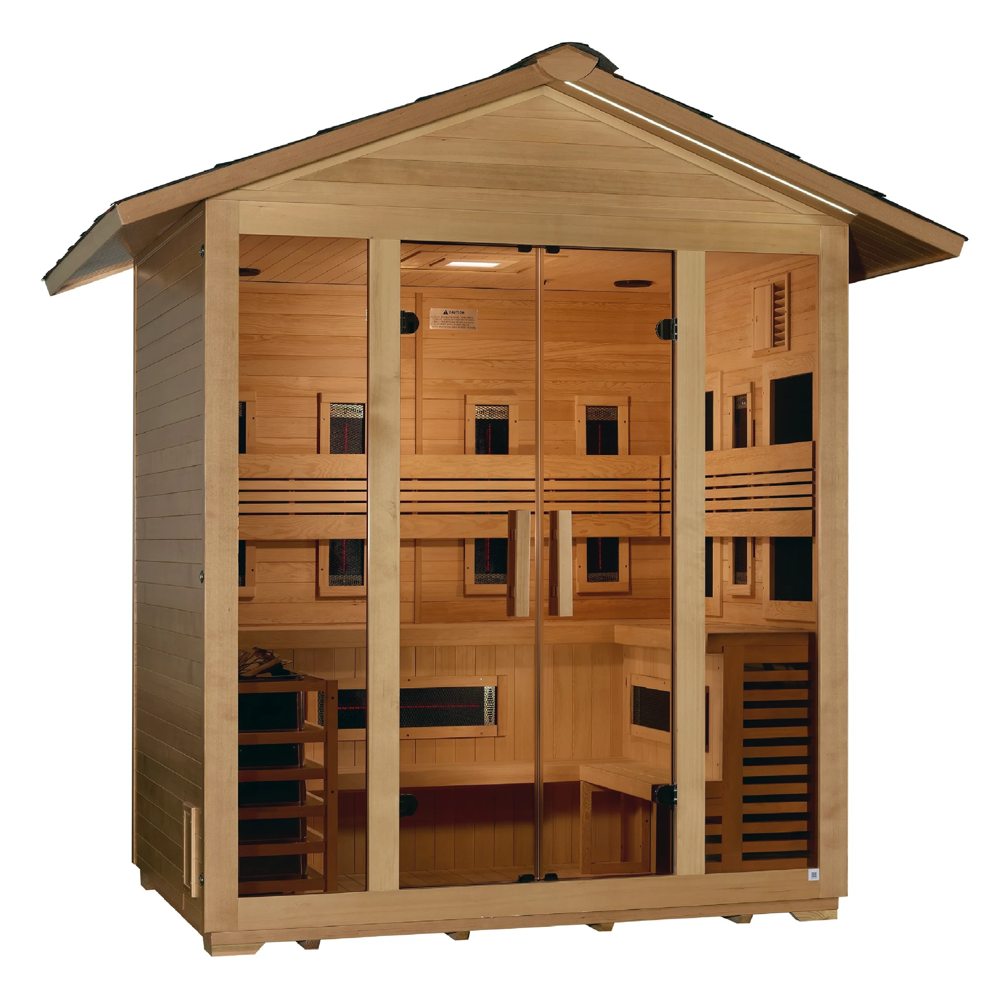 Golden Designs Gargellen model hybrid full spectrum infrared traditional steam sauna built for outdoor use with a 5 person capacity and a gabled roof which is constructed from Canadian hemlock wood