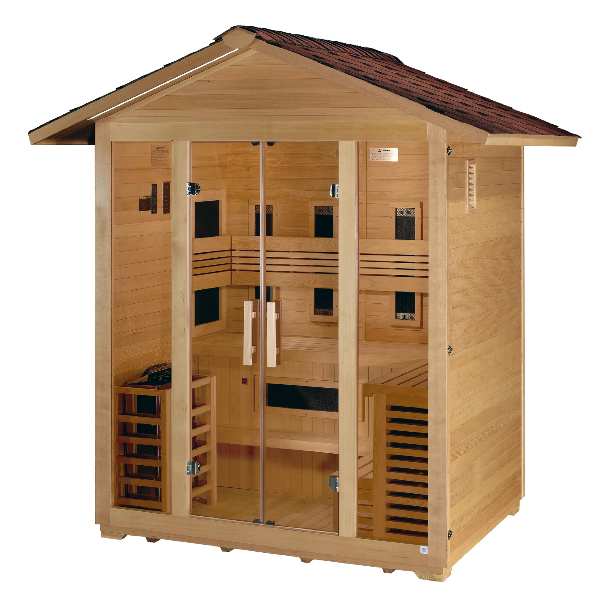 Golden Designs Gargellen model hybrid full spectrum infrared traditional steam sauna built for outdoor use with a 5 person capacity and a gabled roof which is constructed from Canadian hemlock wood