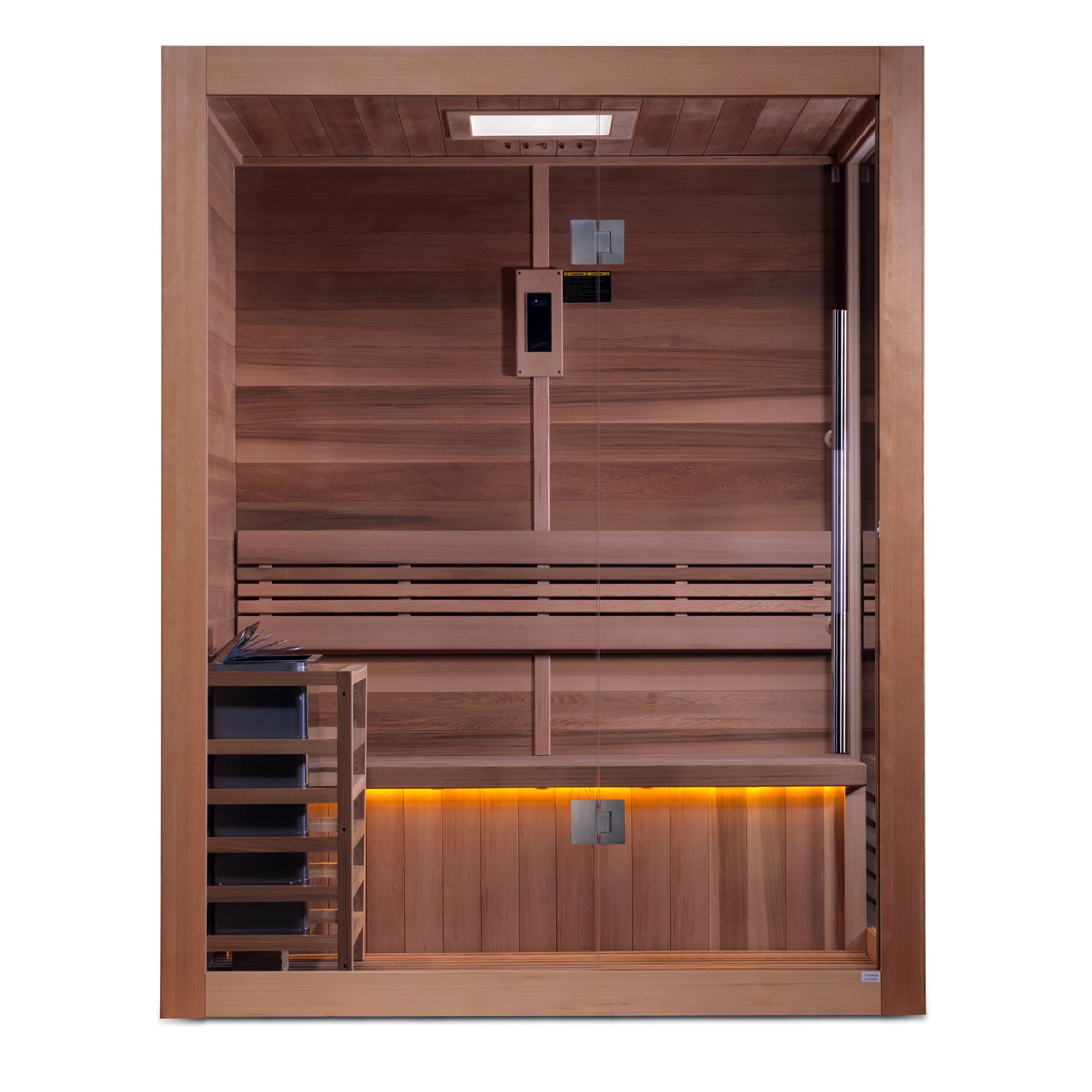 Golden Designs Hanko model traditional steam sauna built for indoor or covered outdoor use constructed from Canadian red cedar on the inside and Canadian hemlock on the outside with a three person capacity