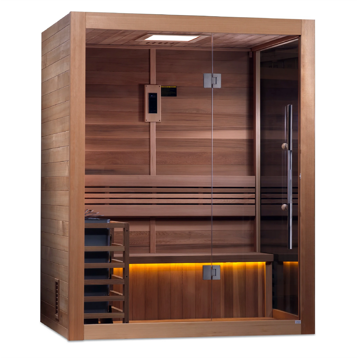 Golden Designs Hanko model traditional steam sauna built for indoor or covered outdoor use constructed from Canadian red cedar on the inside and Canadian hemlock on the outside with a three person capacity