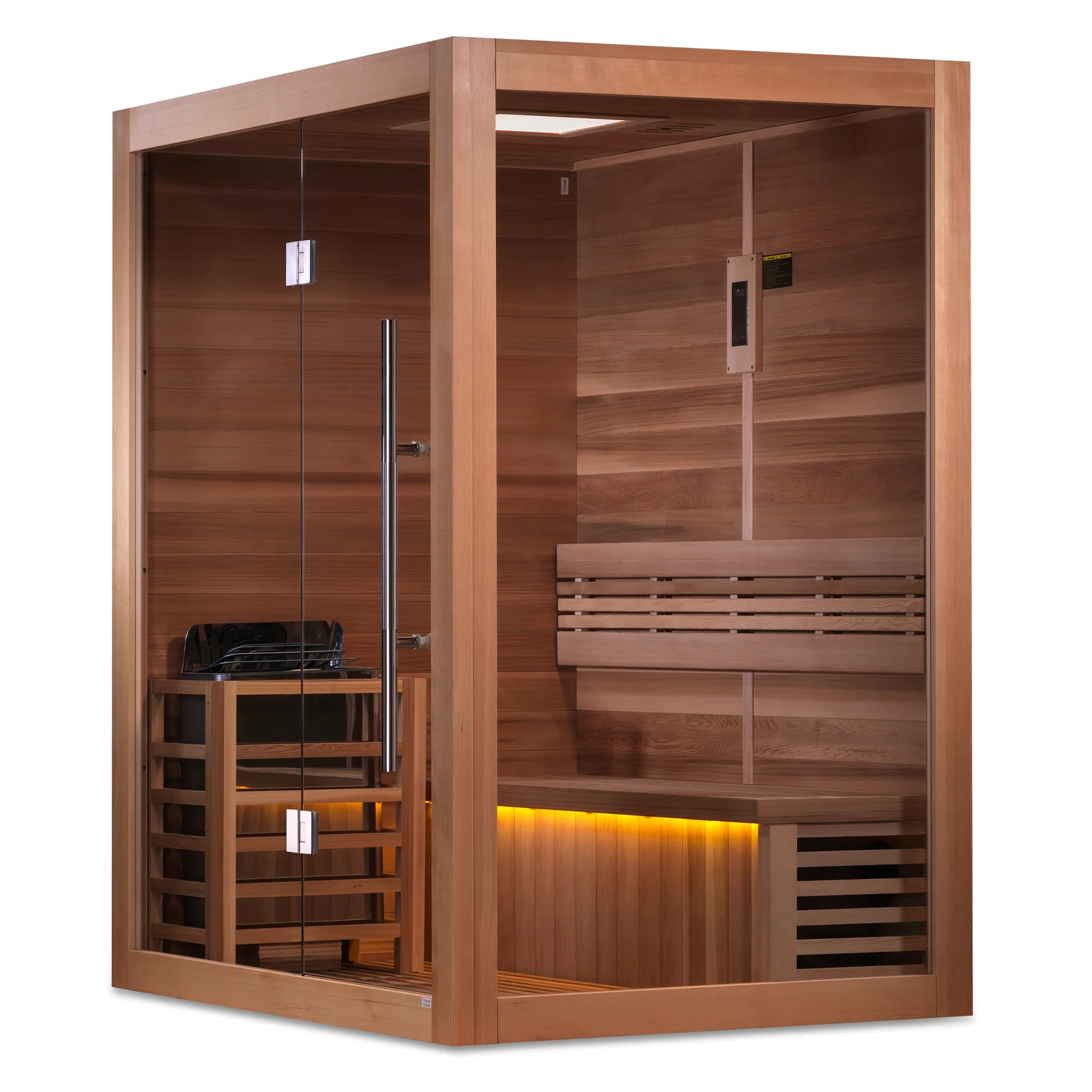 Golden Designs Hanko model traditional steam sauna built for indoor or covered outdoor use constructed from Canadian red cedar on the inside and Canadian hemlock on the outside with a three person capacity